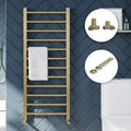Brushed Brass Straight Heated Towel Rail Radiator 500x1600mm with Manual Corner Valves & Matching Pipe Covers
