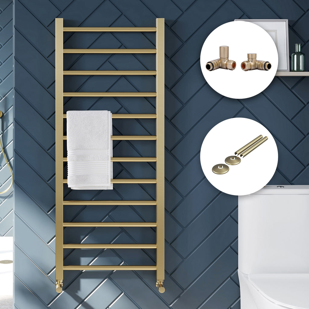 Brushed Brass Bathroom Straight Heated Towel Rail Radiator 500 x 1600 Dual Fuel Manual Valves with Pipe Covers & Collars