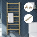 Brushed Brass Bathroom Straight Heated Towel Rail Radiator 500 x 1600 Dual Fuel Manual Valves with Pipe Covers & Collars