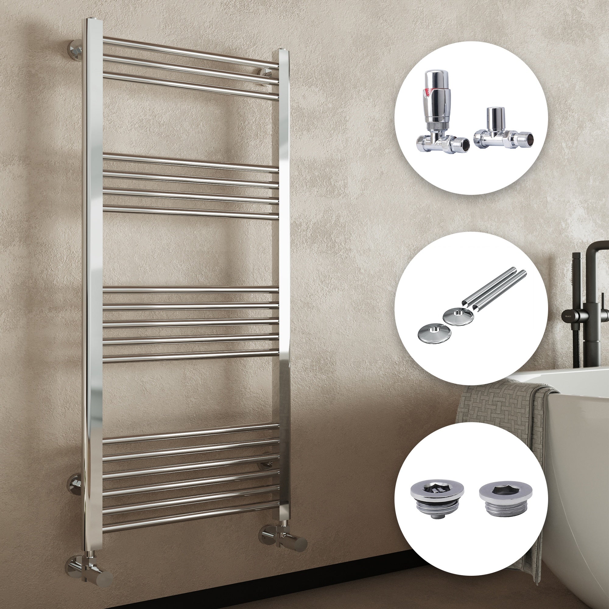 Luxury Chrome 500x800mm Straight Heated Towel Rail Radiator with Thermostatic Valves & Complete Kit