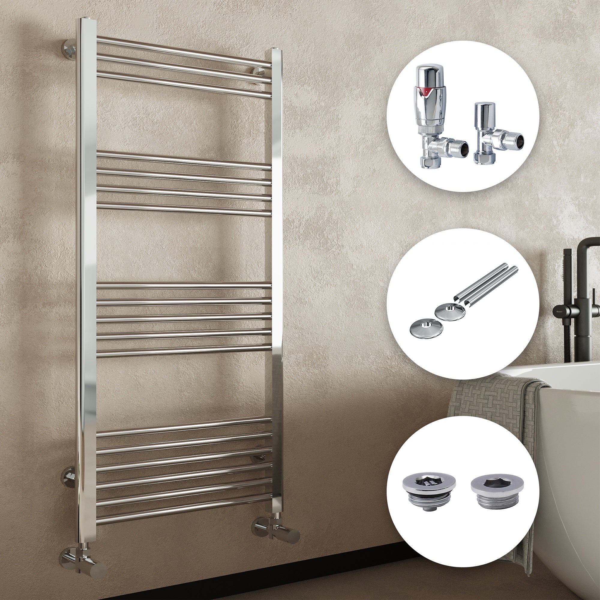 Modern Chrome Straight Heated Towel Rail Radiator 300x800mm with Angled Thermostatic Valves & Complete Accessory Kit