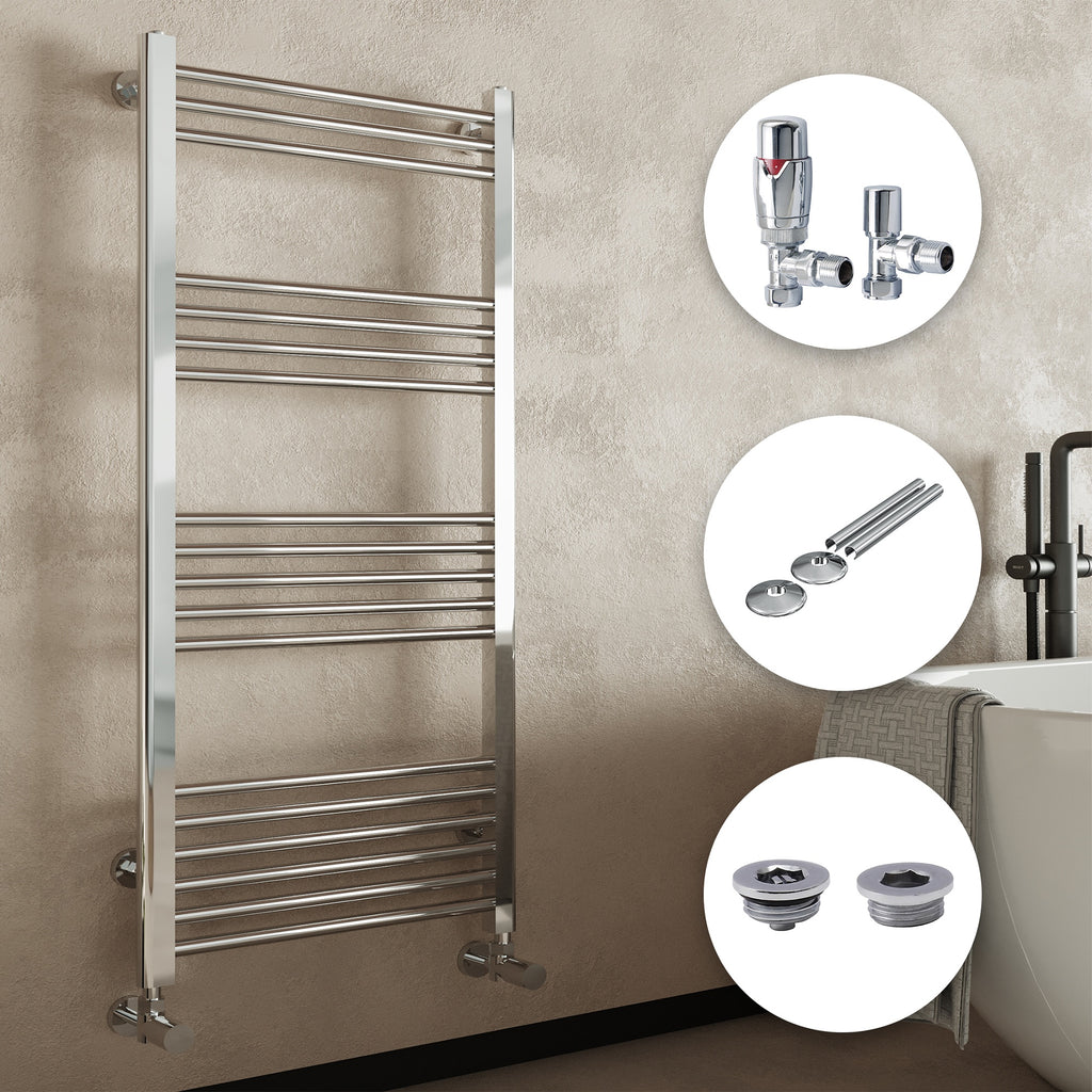 Chrome Straight Bathroom Heated Towel Rail 400x1200mm with Angled TRVs & Matching Accessories