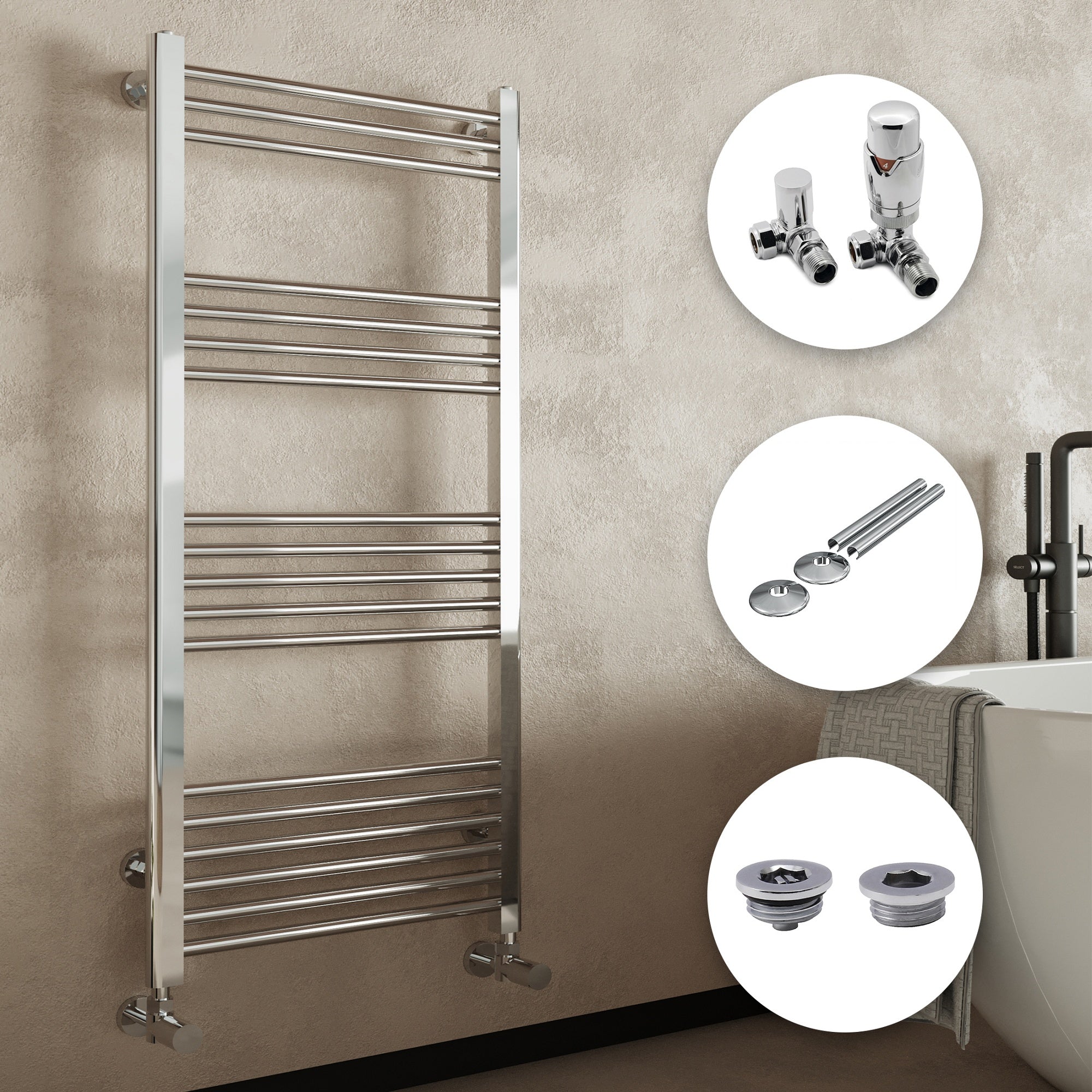 Modern Chrome Straight Heated Towel Rail Radiator (500x1000mm) - Complete Set with Corner TRVs & Pipe Covers