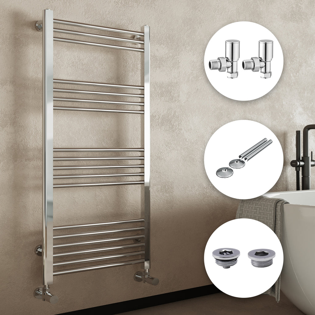 Chrome Bathroom Straight Heated Towel Rail Radiator 300 x 1400 Angled Manual Valves with Pipe Covers & Air Bleed Valve