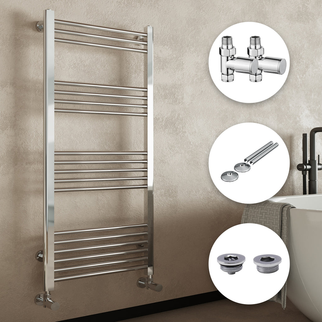 Chrome Straight Heated Towel Rail Radiator 500x1000mm, Manual Valves & Complete Fitting Kit