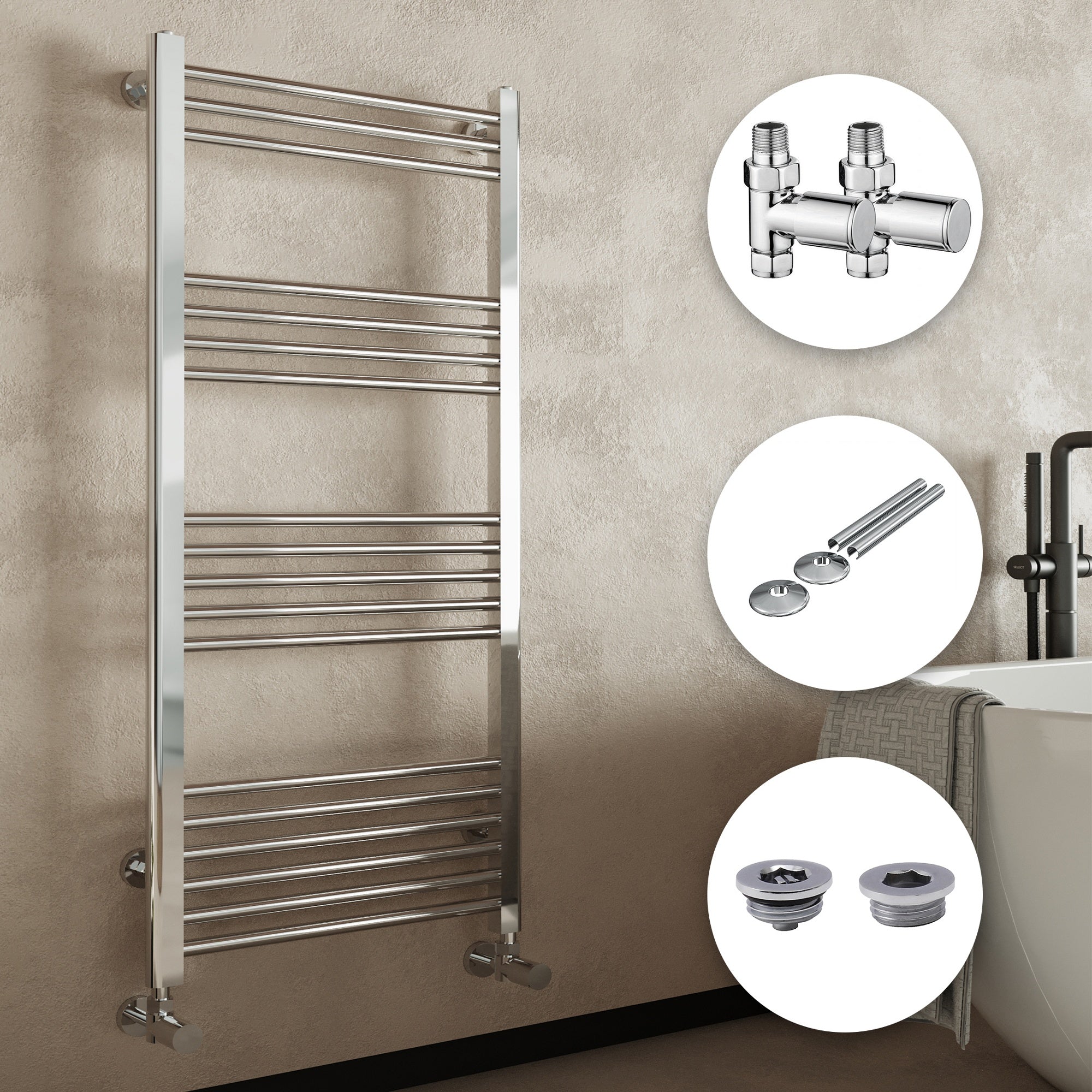 Chrome Bathroom Straight Heated Towel Rail Radiator 600 x 1400 Straight Manual Valves with Pipe Covers & Air Bleed Valve