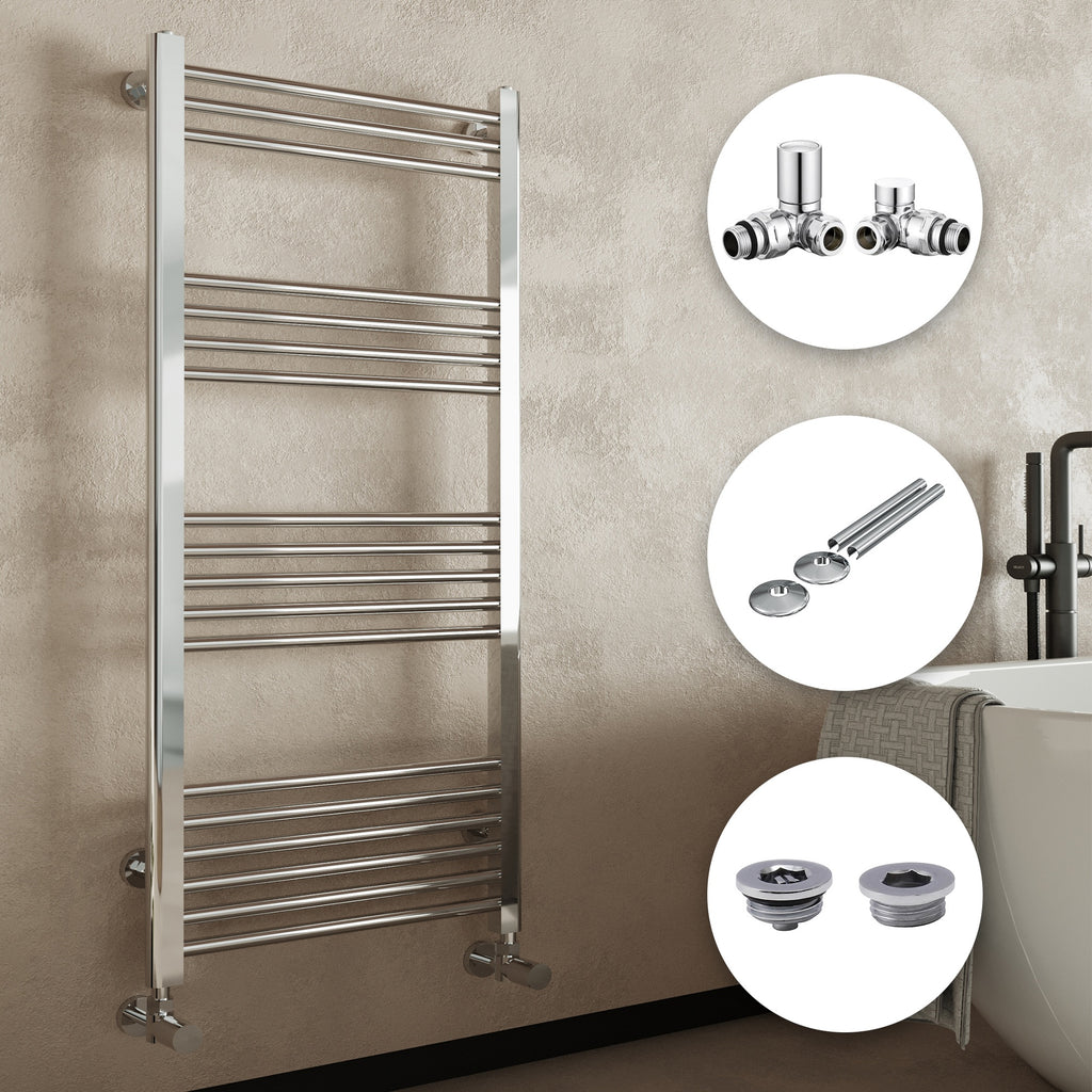 Chrome Heated Towel Rail Radiator 500x800mm with Corner Manual Valves & Pipe Covers Set