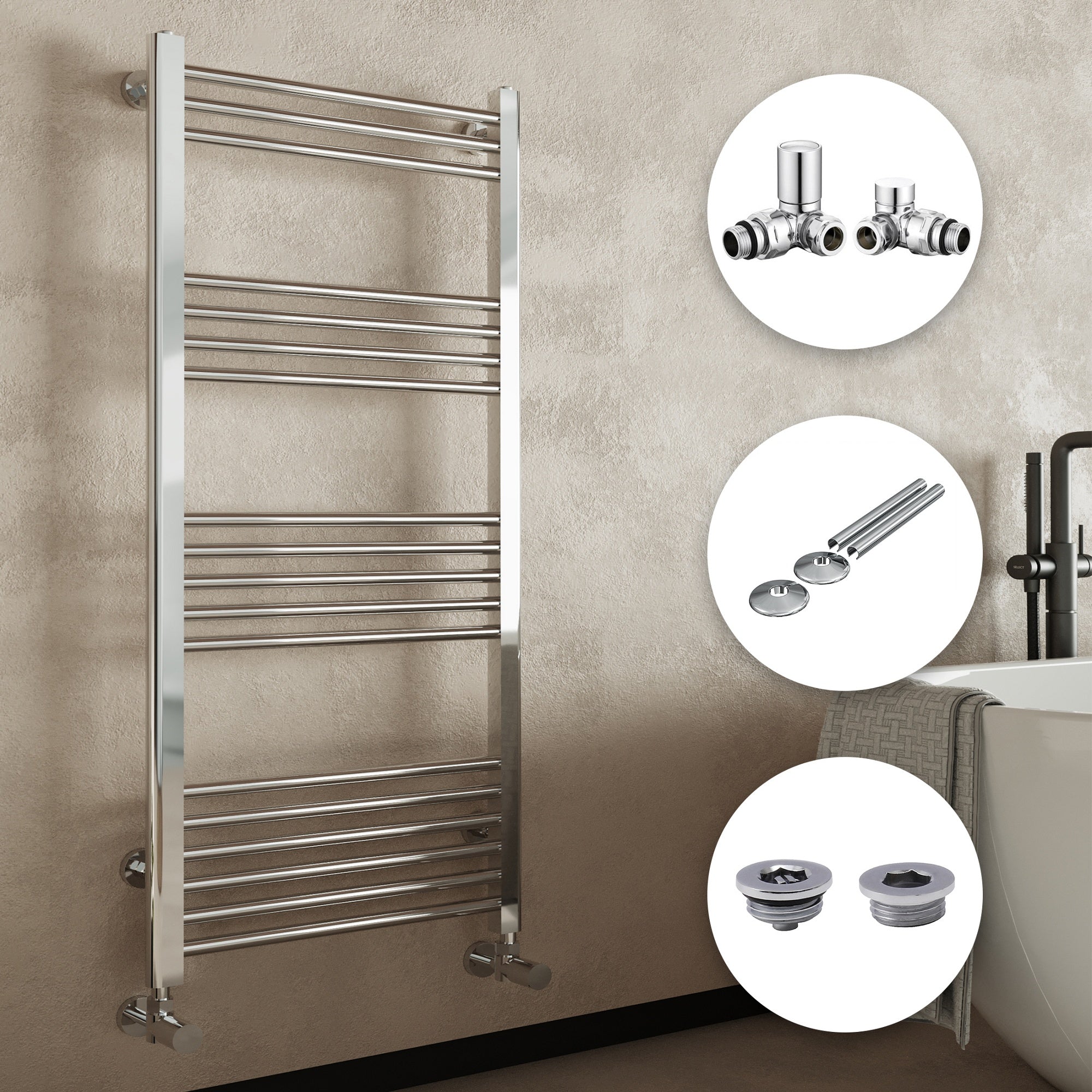 Chrome Bathroom Straight Heated Towel Rail Radiator 600 x 800 Corner Manual Valves with Pipe Covers & Air Bleed Valve