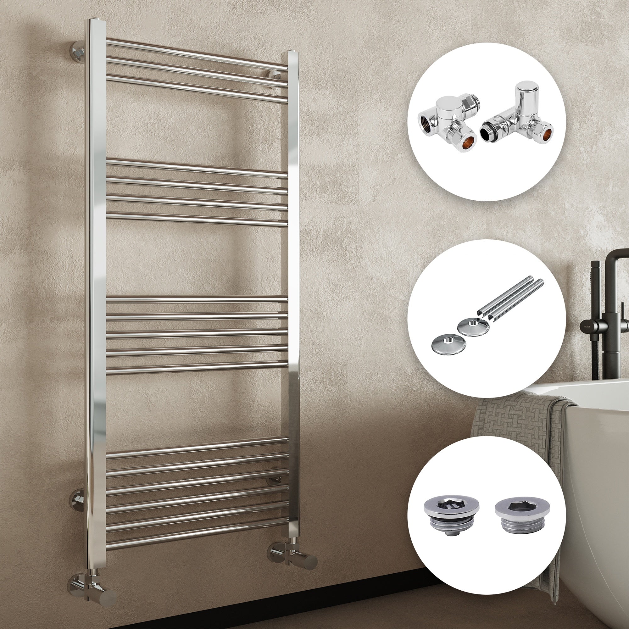 Chrome Bathroom Straight Heated Towel Rail Radiator 500 x 800 Dual Fuel Manual Corner Valves with Pipe Covers & Air Bleed Valve