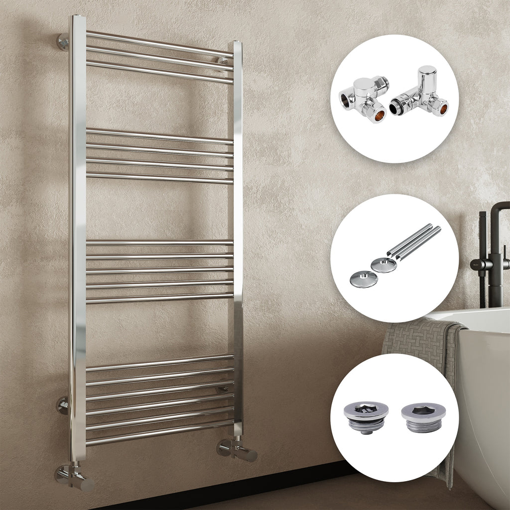 Chrome Straight Heated Towel Radiator 600x800mm Dual Fuel Manual Corner Valves & Accessories
