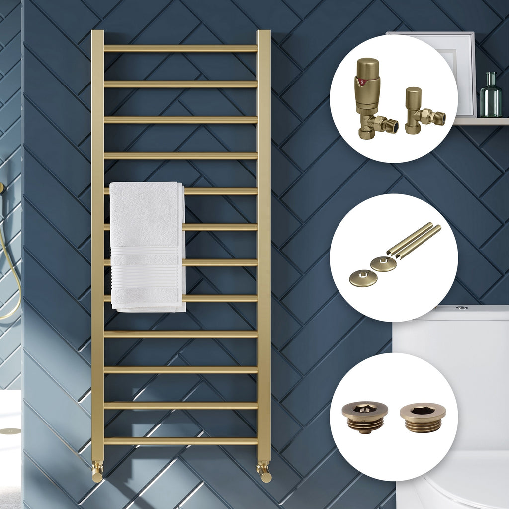Brushed Brass Straight Heated Towel Rail with Angled Thermostatic Valves & Pipe Covers - 500x800mm