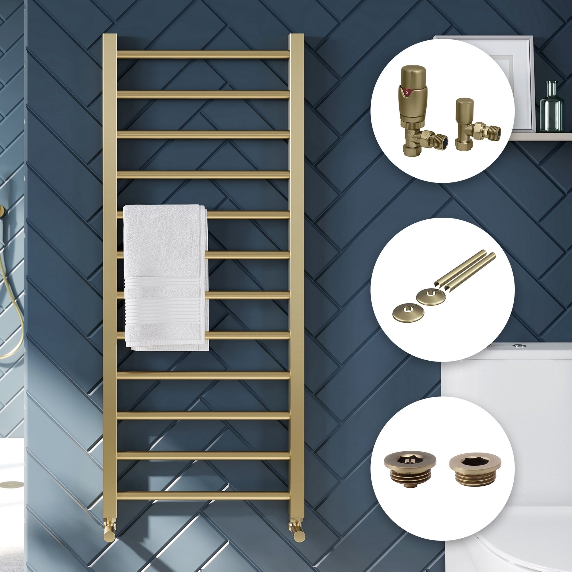 Brushed Brass Straight Heated Towel Rail with Angled Thermostatic Valves & Pipe Covers - 500x800mm