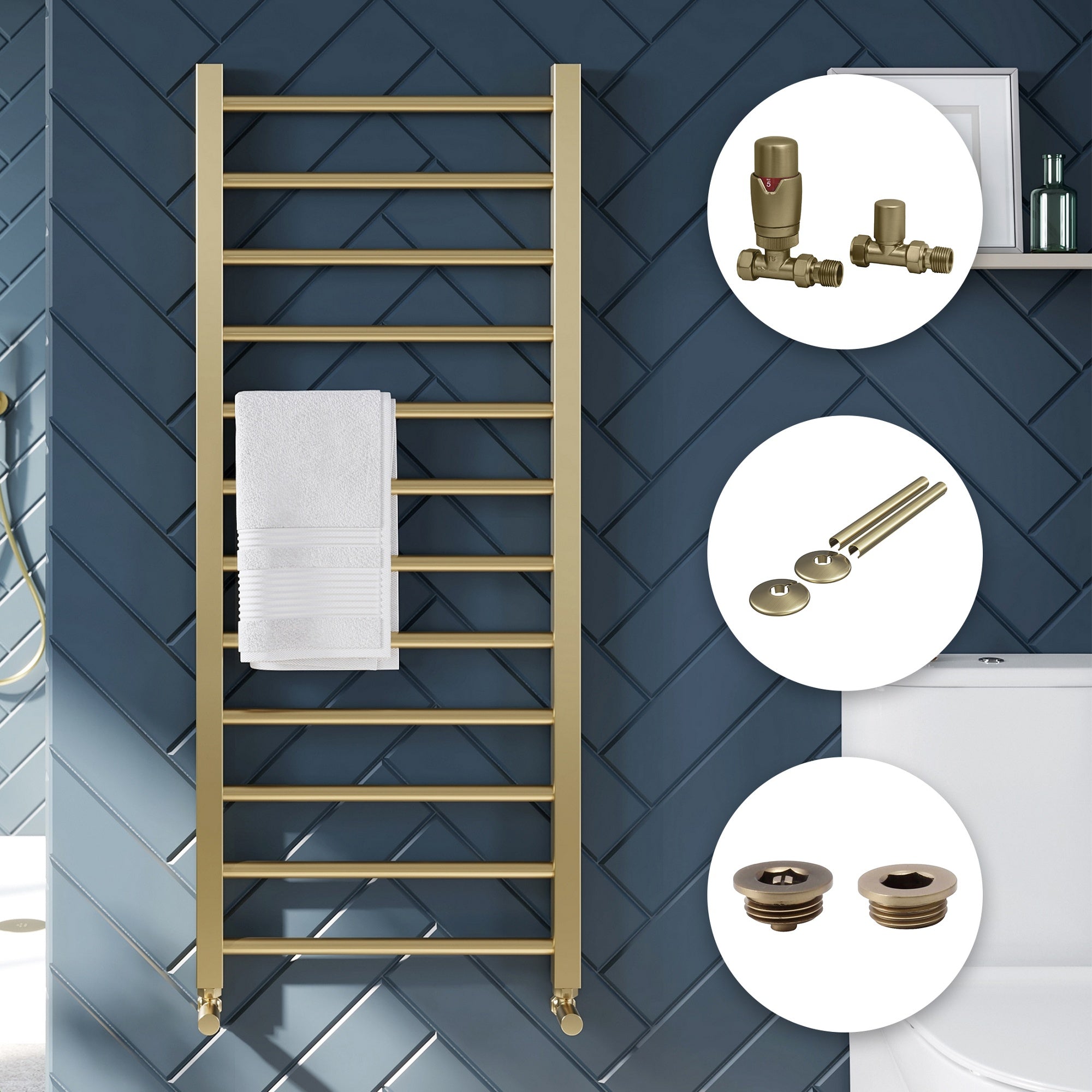 Brushed Brass Straight Heated Towel Rail Radiator 500x1200mm with Thermostatic Valves & Accessories