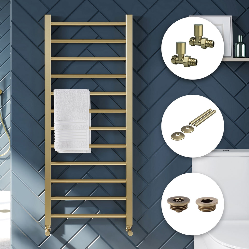 Brushed Brass Straight Heated Towel Rail Radiator 500x1200mm for Bathrooms, Complete with Manual Valves, Pipe Covers & Bleed Valve