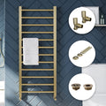 Brushed Brass Straight Heated Towel Rail Radiator 1200x500mm with Manual Angled Valves, Pipe Covers & Bleed Valve