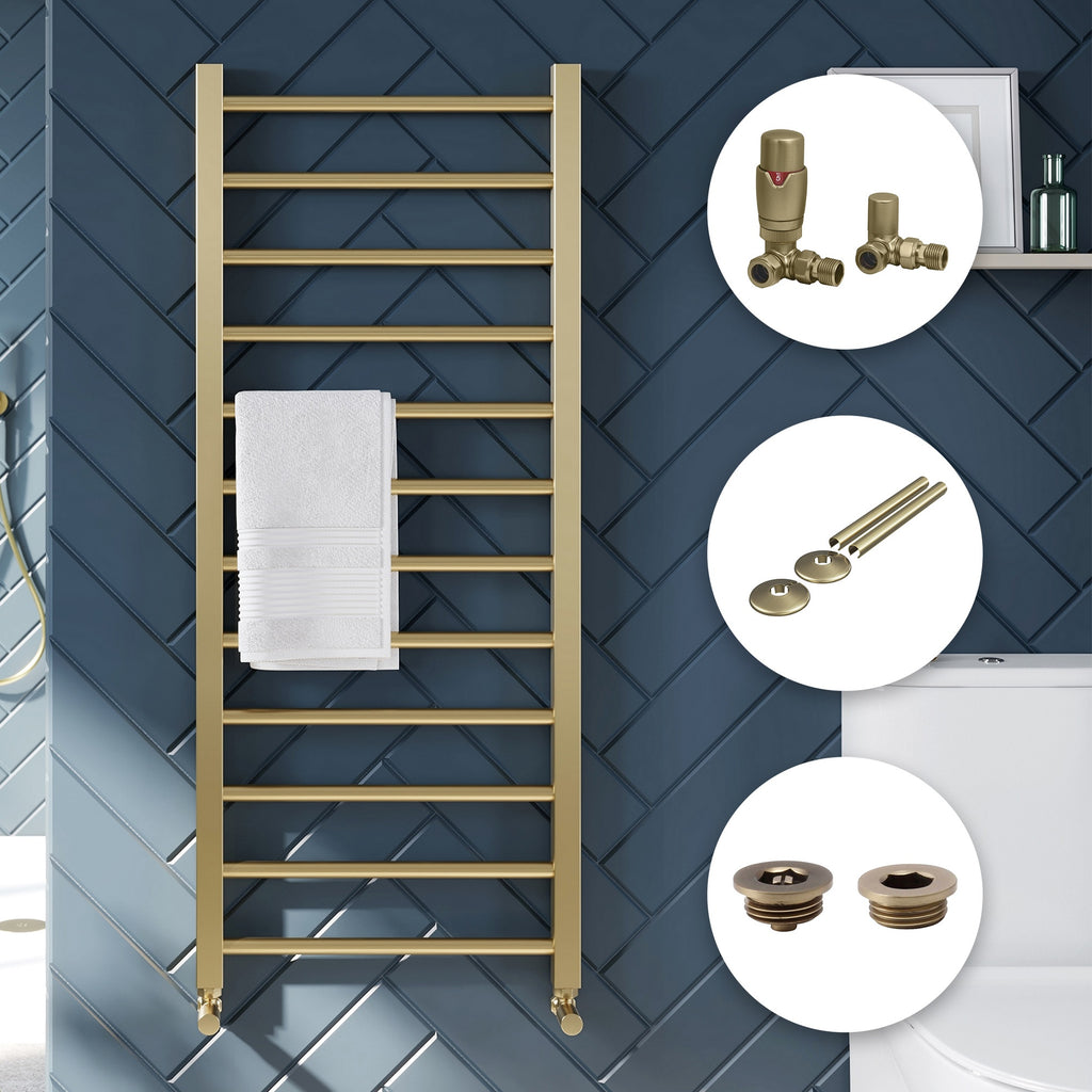 Brushed Brass 500x1600 Straight Heated Towel Rail Radiator with Dual Fuel TRV Valves & Accessories