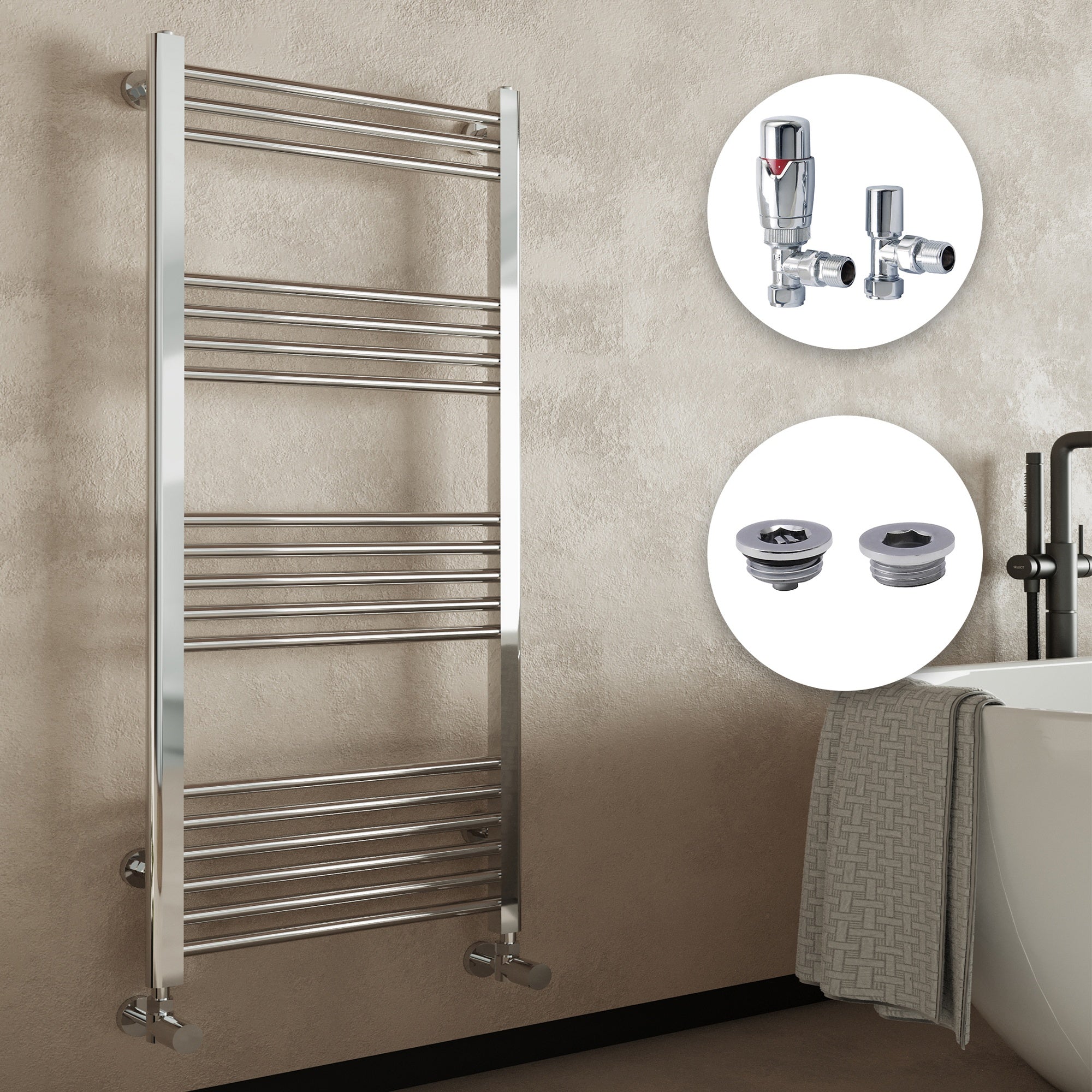 Chrome Straight Heated Towel Rail Radiator 600x1200mm with Angled TRV & Air Bleed Kit
