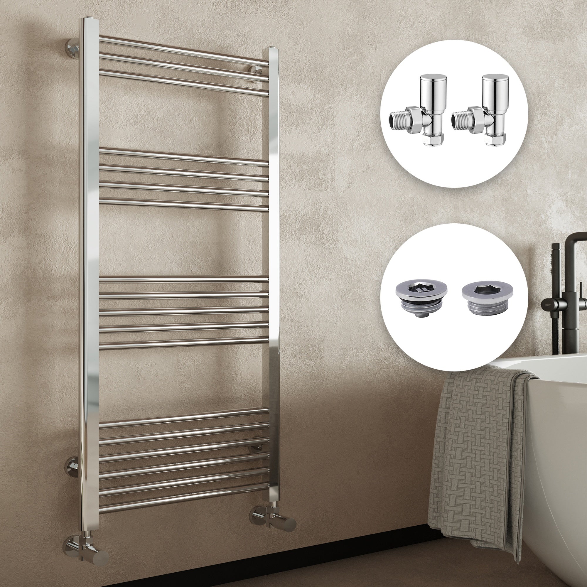 Chrome Straight Heated Towel Rail Radiator (300x1400mm) with Angled Valves & Essential Kit