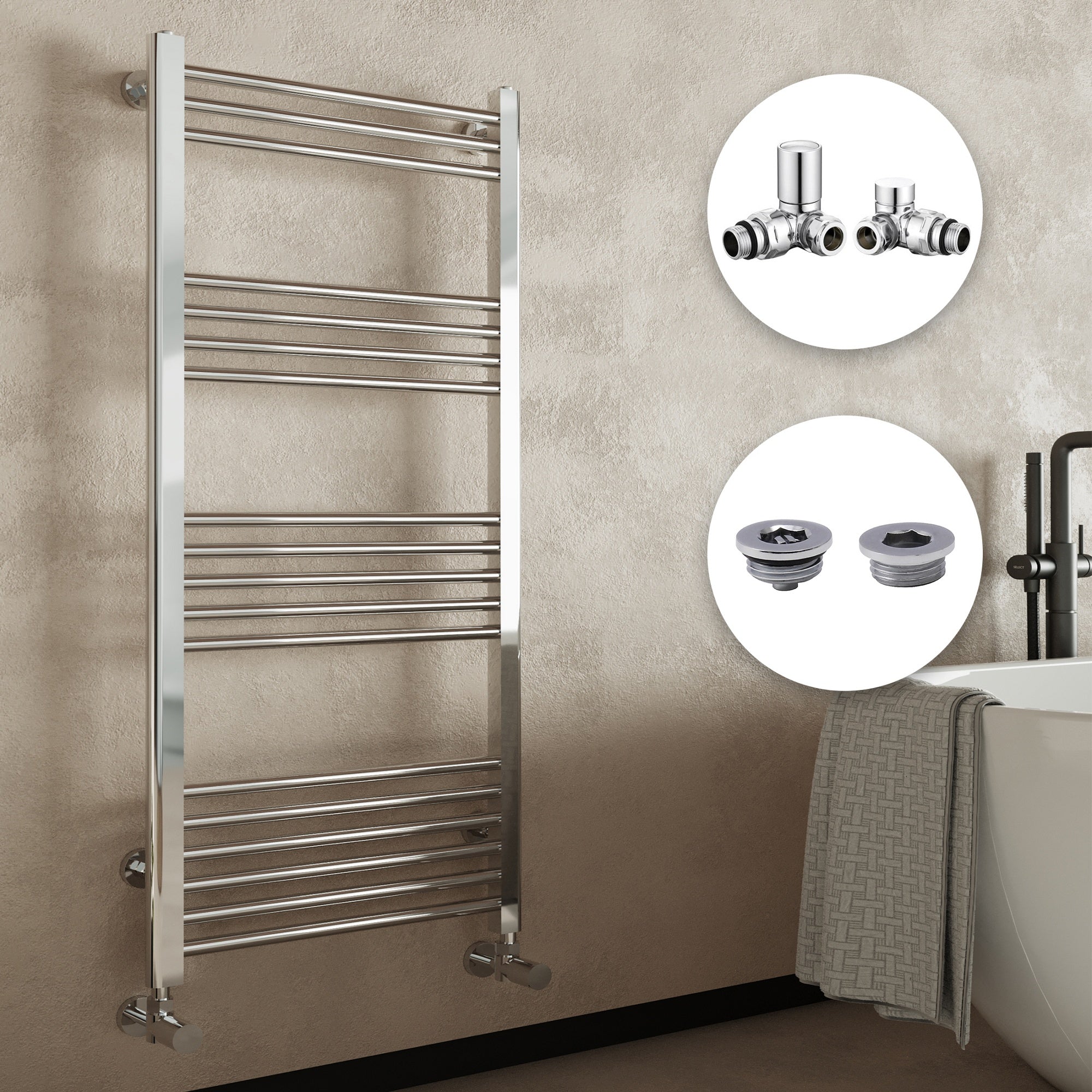 Modern Chrome Heated Towel Rail Radiator 600x1600mm Straight Design Complete with Corner Manual Valves & Cap