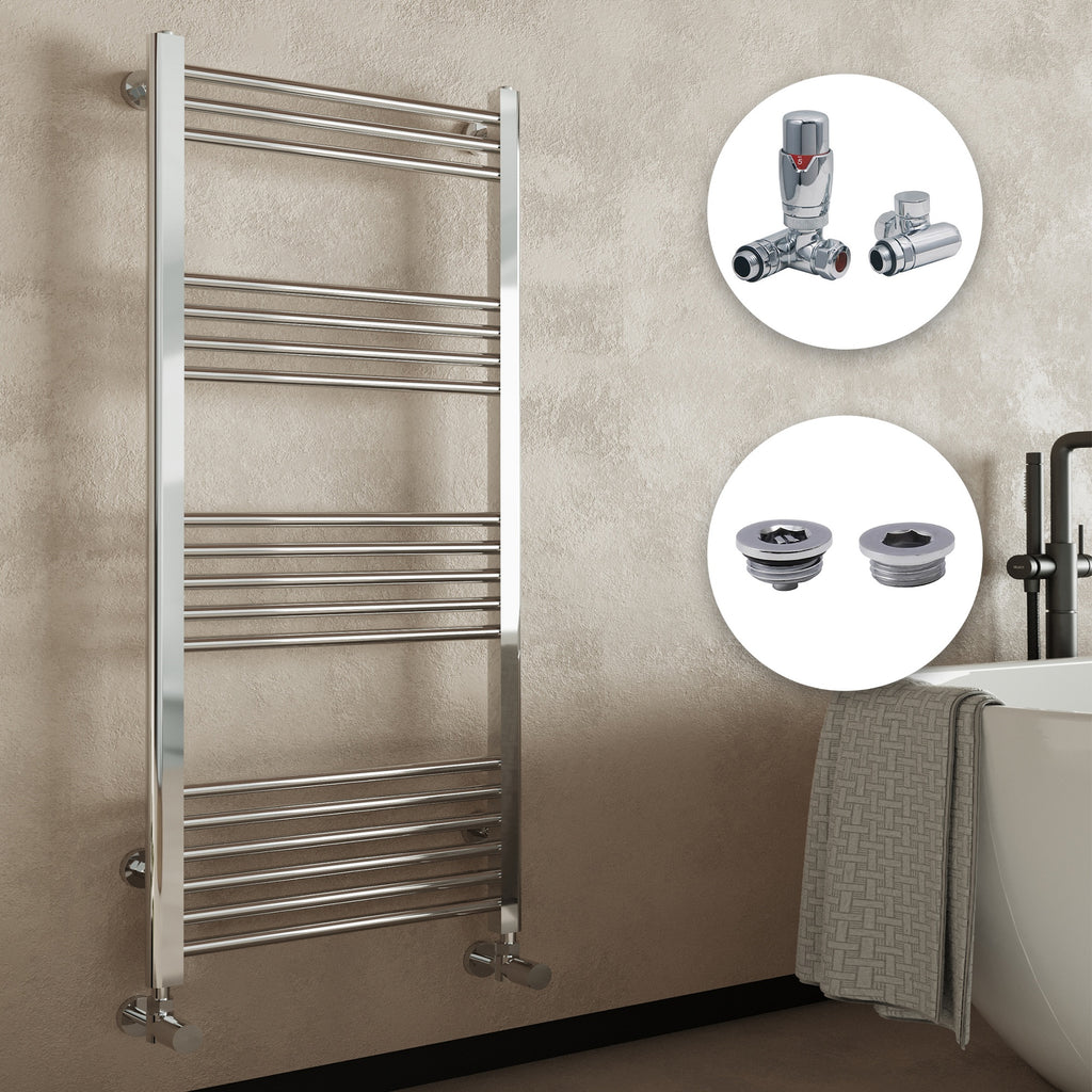 Premium Chrome 400x800 Straight Heated Towel Rail Radiator with Dual Fuel Thermostatic Corner Valves & Complete Fitting Kit