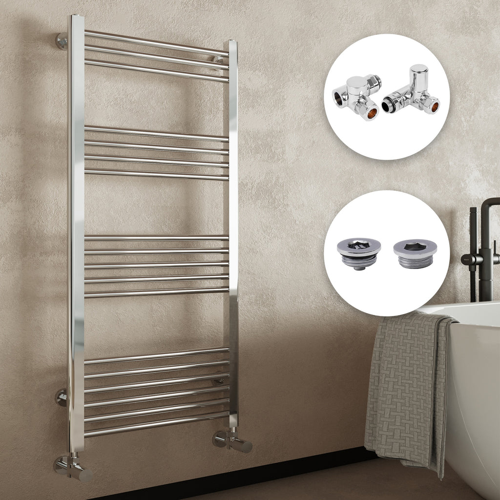 Chrome Bathroom Straight Heated Towel Rail Radiator 400x1200mm, Dual Fuel, Corner Valves, Bleed Valve & Cap