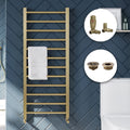 Brushed Brass 500x1600 Straight Heated Towel Rail Radiator with Corner TRVs, Bleed Valve & Cap