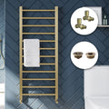 Brushed Brass 500x800mm Straight Heated Towel Rail Radiator with Manual Valves, Air Bleed & Blanking Cap - Complete Set
