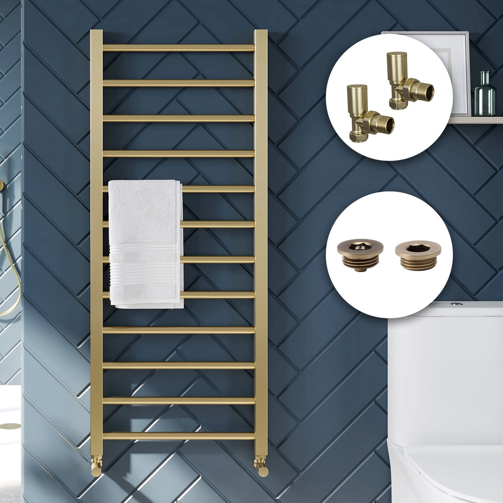 Brushed Brass 500x1200mm Straight Heated Towel Rail Radiator with Manual Angled Valves & Complete Installation Kit