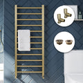 Brushed Brass 500x1200mm Straight Heated Towel Rail Radiator with Manual Angled Valves & Complete Installation Kit