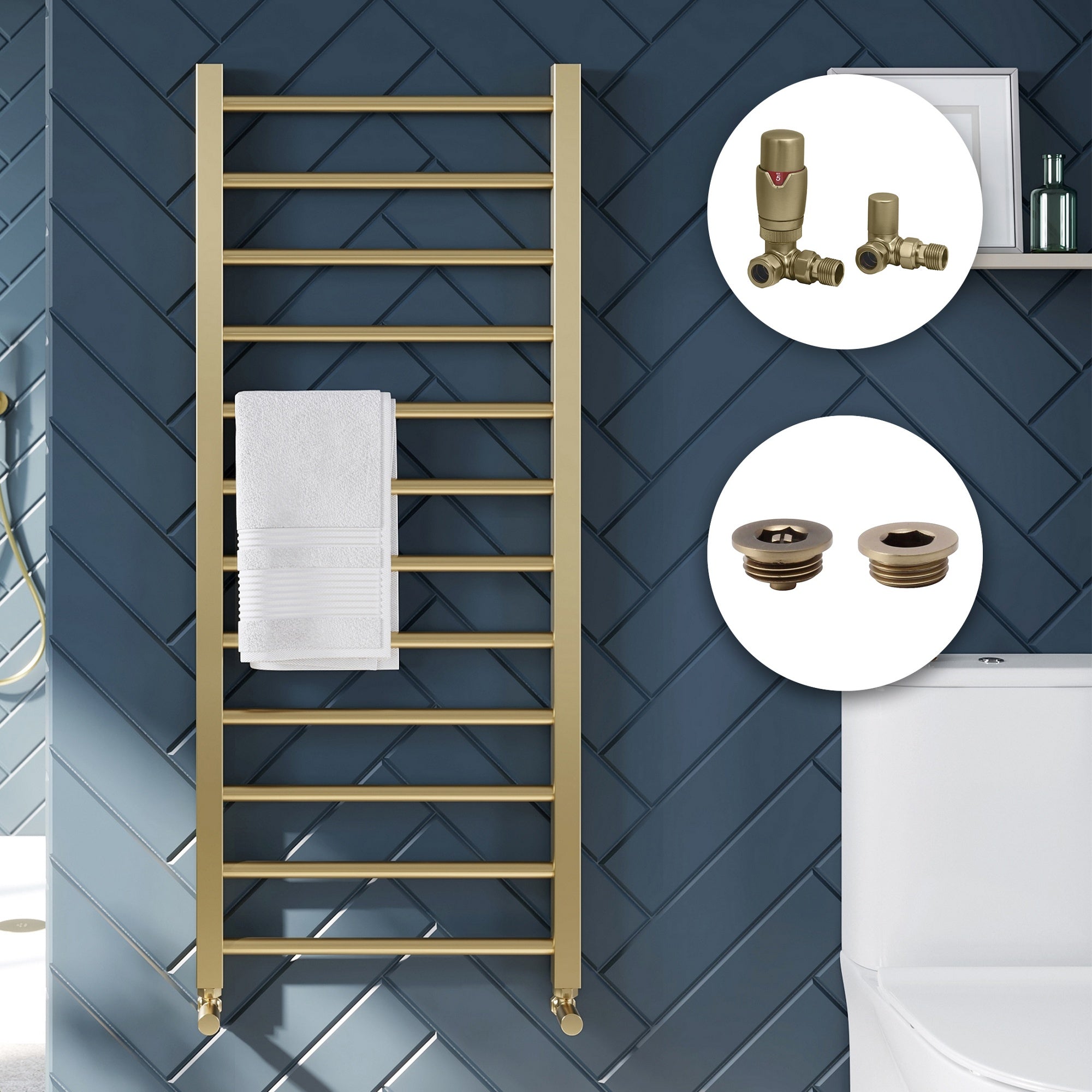 Brushed Brass 500x1200 Straight Heated Towel Rail Radiator with Dual Fuel TRV & Matching Accessories