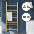 Brushed Brass 500x800mm Straight Bathroom Heated Towel Rail Radiator - Dual Fuel, Corner Manual Valves & Air Bleed Kit