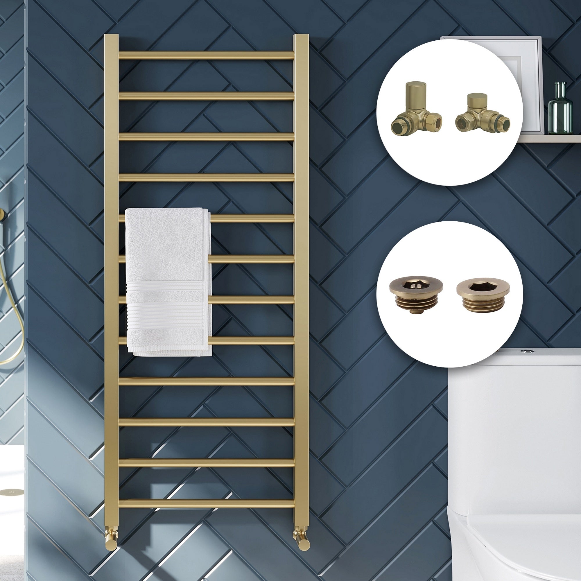 Brushed Brass Dual Fuel Heated Towel Rail Radiator 500x1200mm - Straight Ladder Design