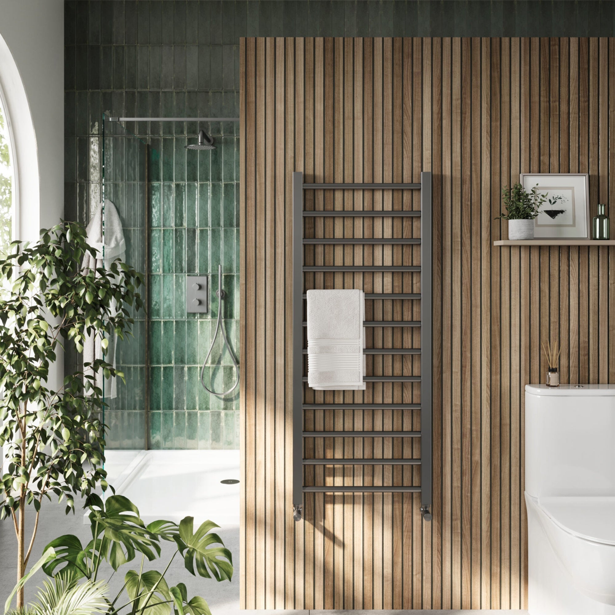 Bubly Bathrooms™ Vibe 1600x500mm Gunmetal Modern Ladder Heated Towel Rail
