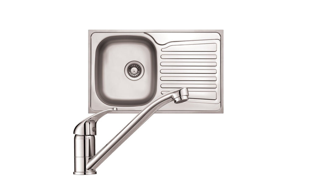 FNX Bathrooms 1.0 Bowl Inset Stainless Steel Kitchen Sink & Tap Set with Right-Hand Drainer & Strainer Waste