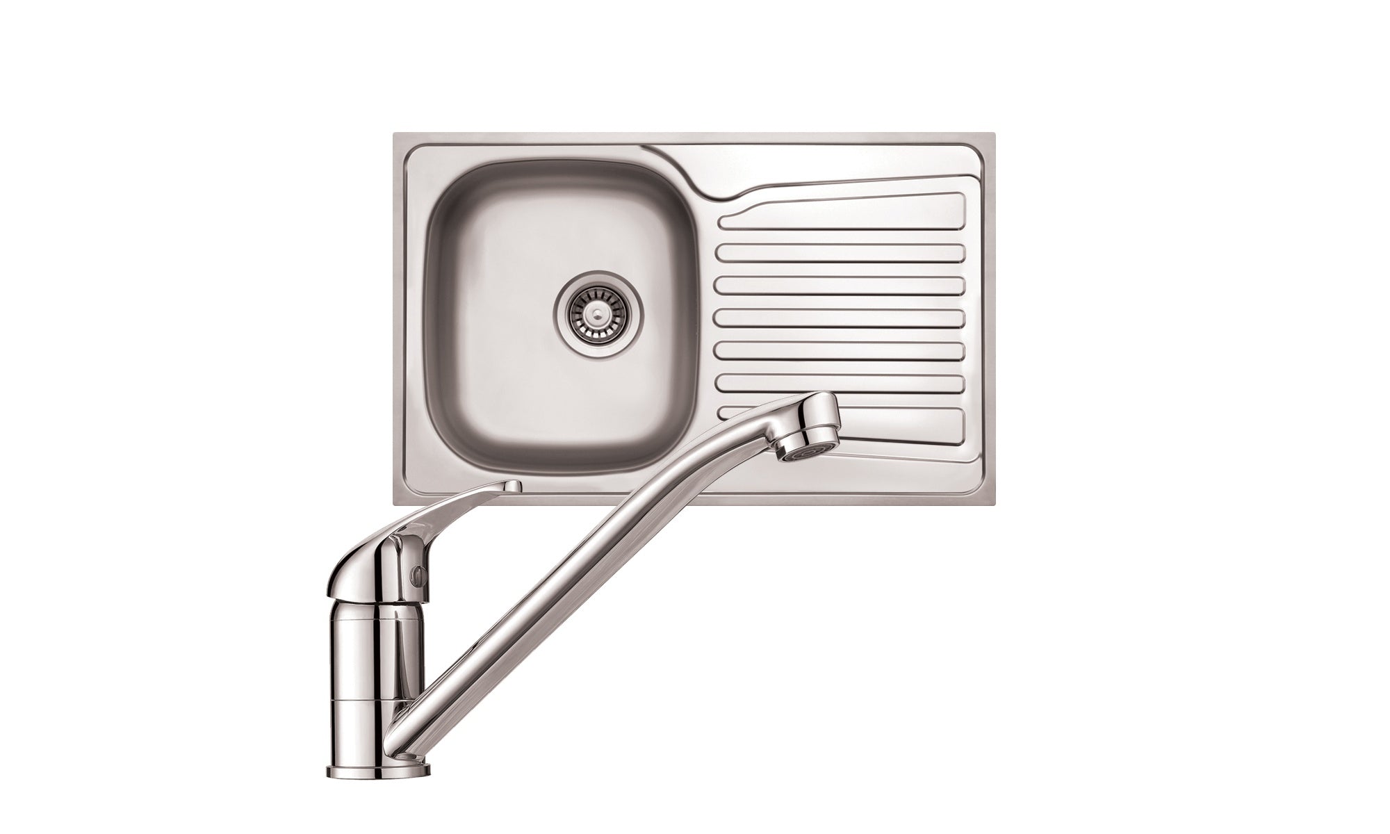 FNX Bathrooms 1.0 Bowl Inset Stainless Steel Kitchen Sink & Tap Set with Right-Hand Drainer & Strainer Waste