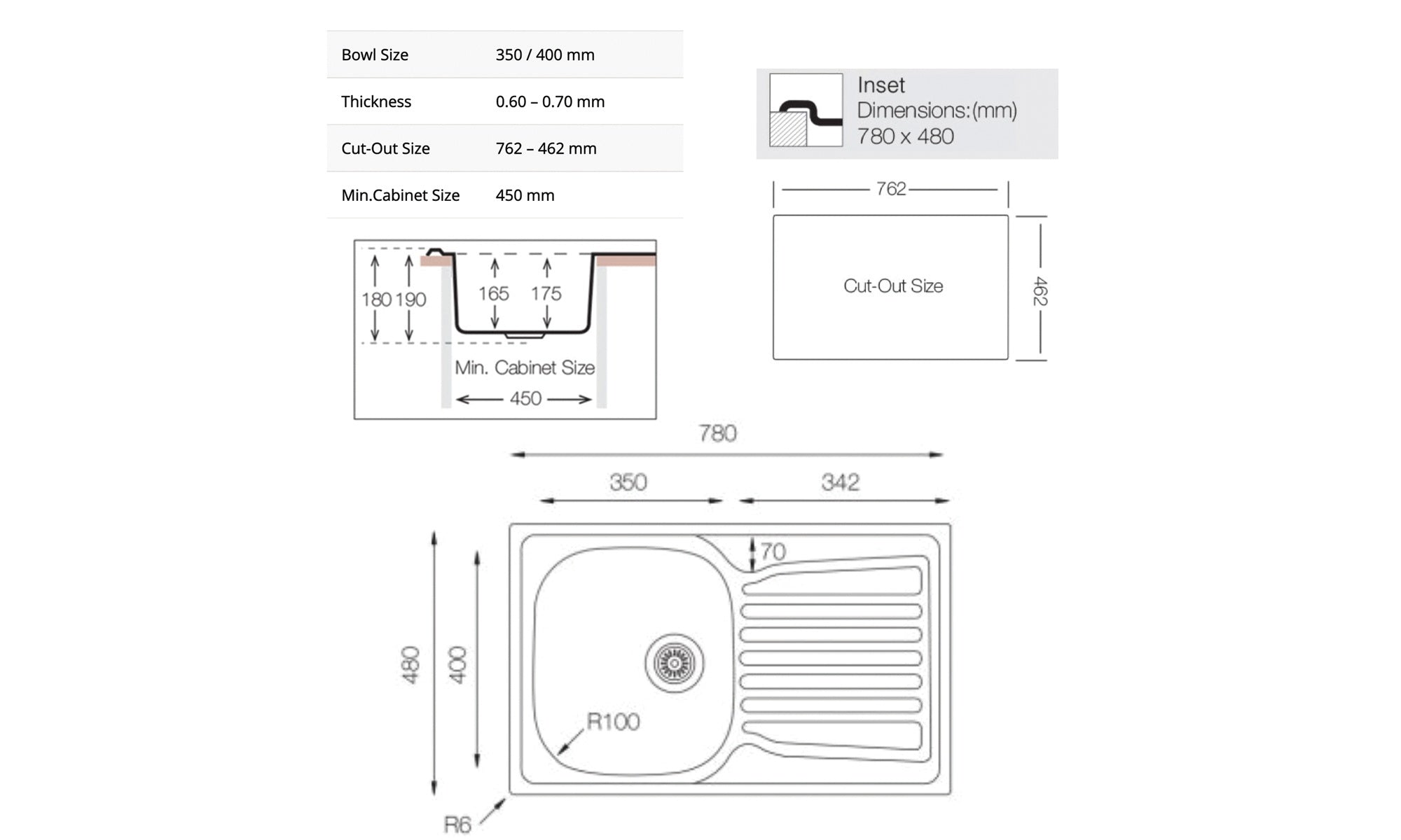 FNX Bathrooms 1.0 Bowl Inset Stainless Steel Kitchen Sink & Tap Set with Right-Hand Drainer & Strainer Waste