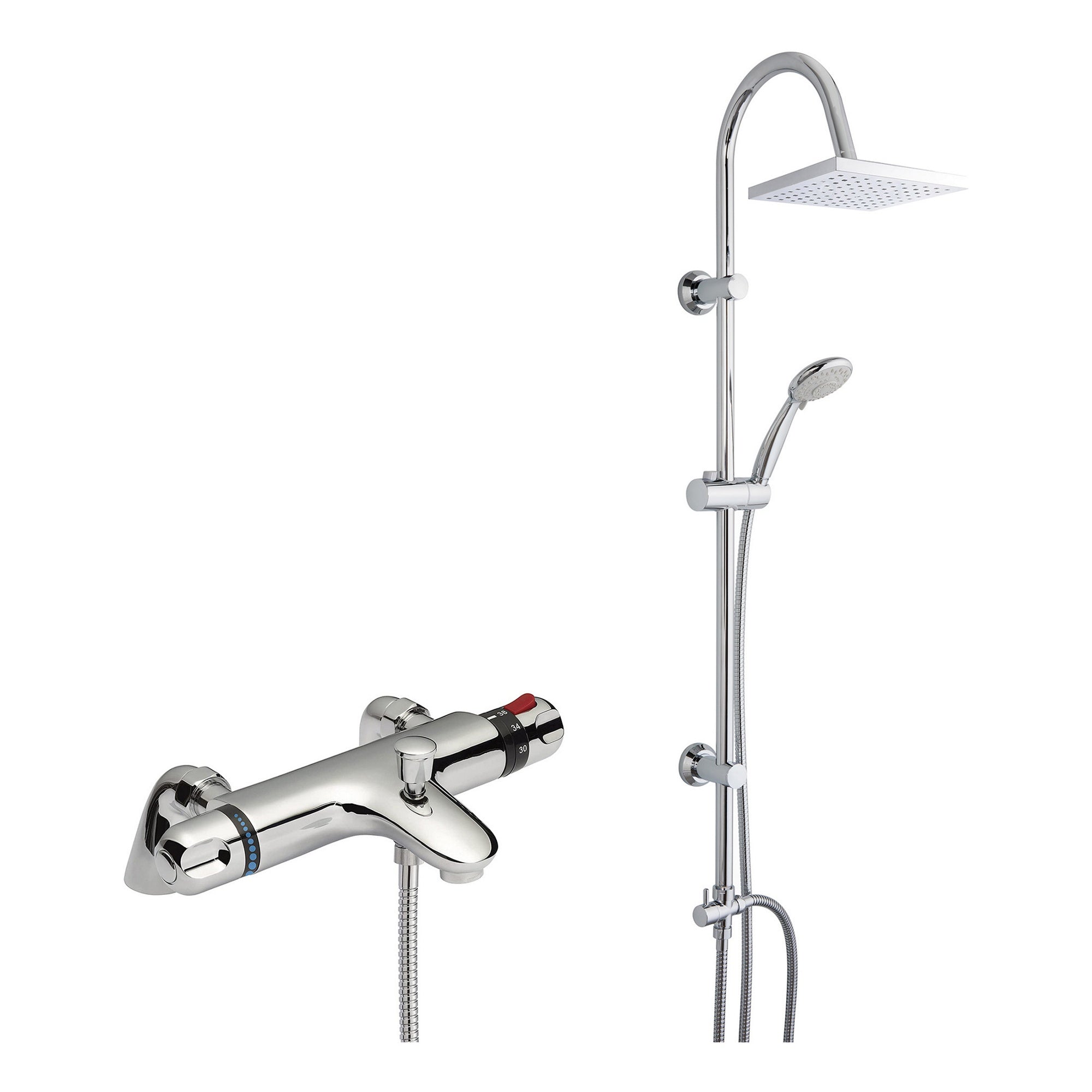 FNX Bathrooms Premium Thermostatic Bath Shower Mixer Tap with Square 3-Way Shower Kit - Polished Chrome Finish