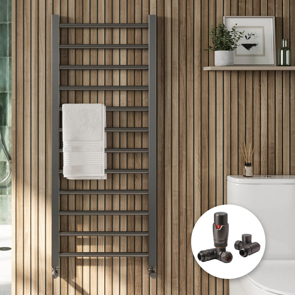 Modern Gunmetal 800x500mm Straight Heated Towel Rail Radiator with Dual Fuel TRVs