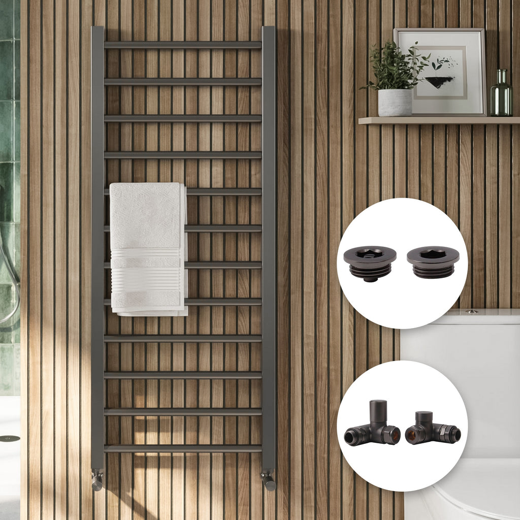 Modern Gunmetal 800x500mm Straight Heated Towel Rail Radiator with Dual Fuel Manual Valves & Bleed Vent