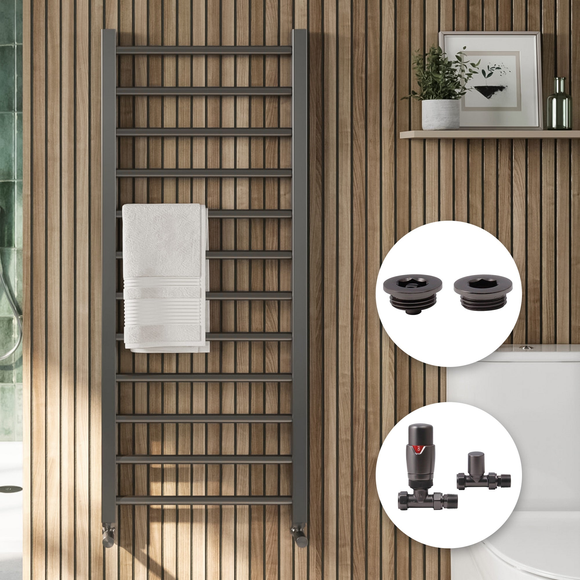 Luxury Gunmetal 1200x500 Straight Heated Towel Rail with Thermostatic Valves