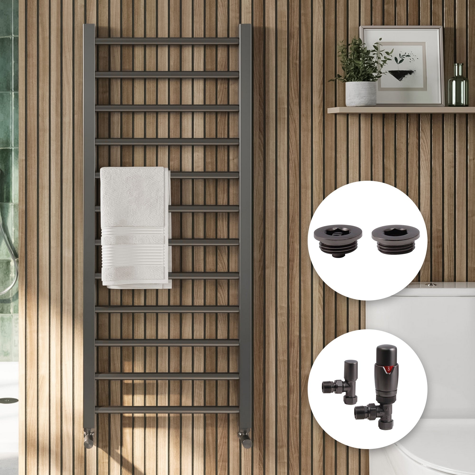Gunmetal Straight Heated Towel Rail 1200x500mm with Angled TRV Valves for Bathrooms