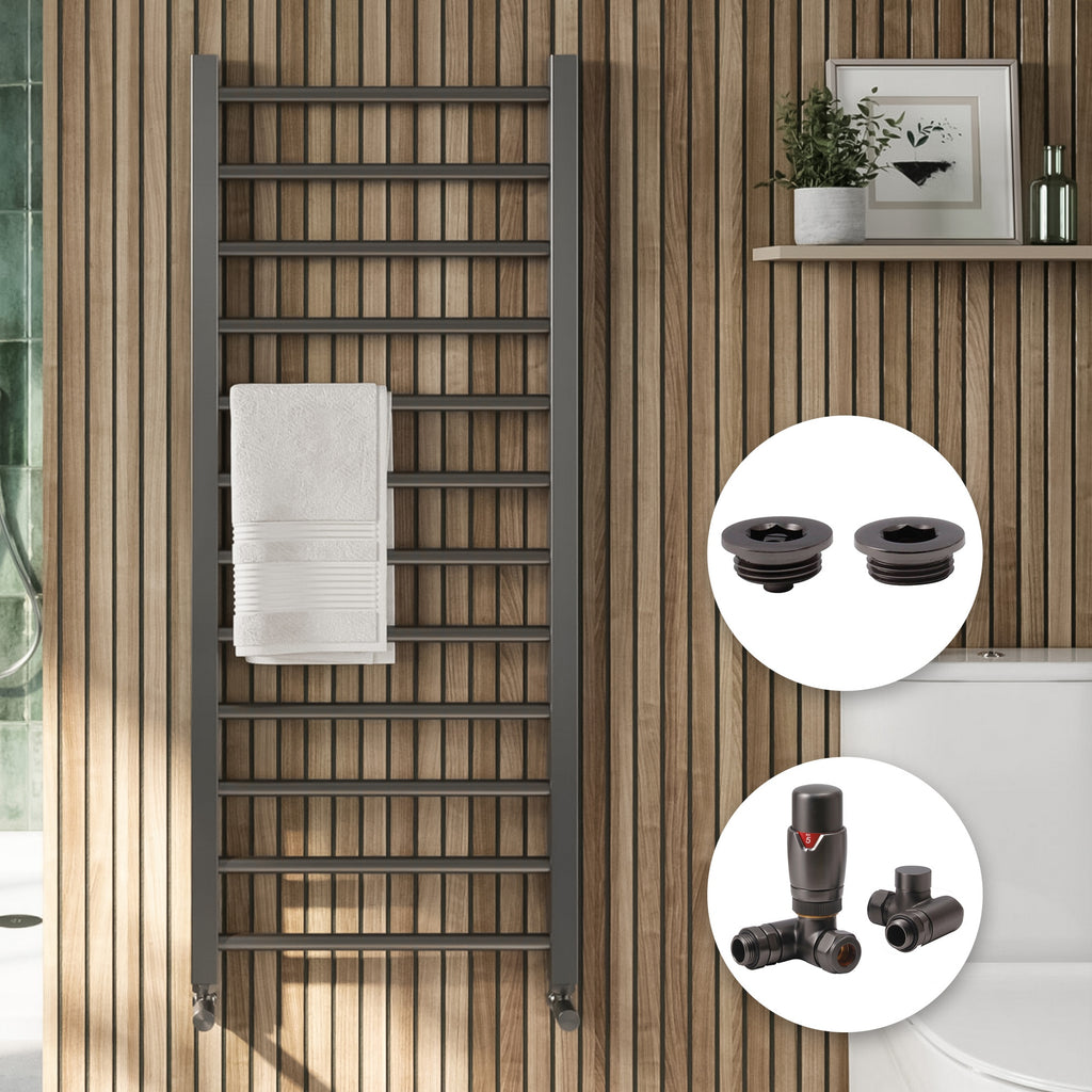 Modern Gunmetal Straight Heated Towel Rail Radiator 1200x500mm with Dual Fuel Thermostatic Valves & Air Vent Kit