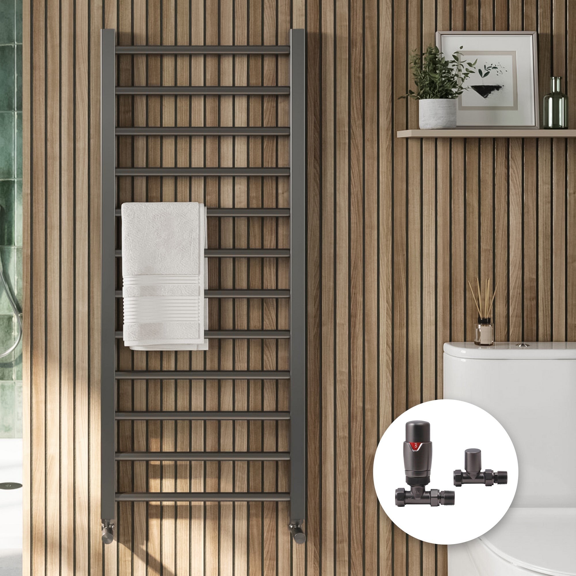Stylish Gunmetal Heated Towel Rail Radiator 1600x500mm with Straight Thermostatic Valves for Bathrooms