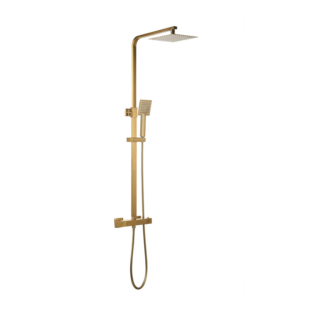FNX Bathrooms Brushed Brass Thermostatic Bar Mixer Shower Kit with Square Dual Heads
