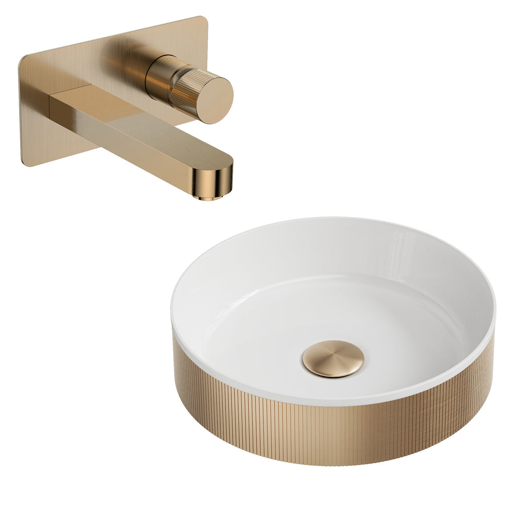 Koko Brushed Brass Fluted Countertop Basin & Wall-Mounted Mixer Tap Set with Waste