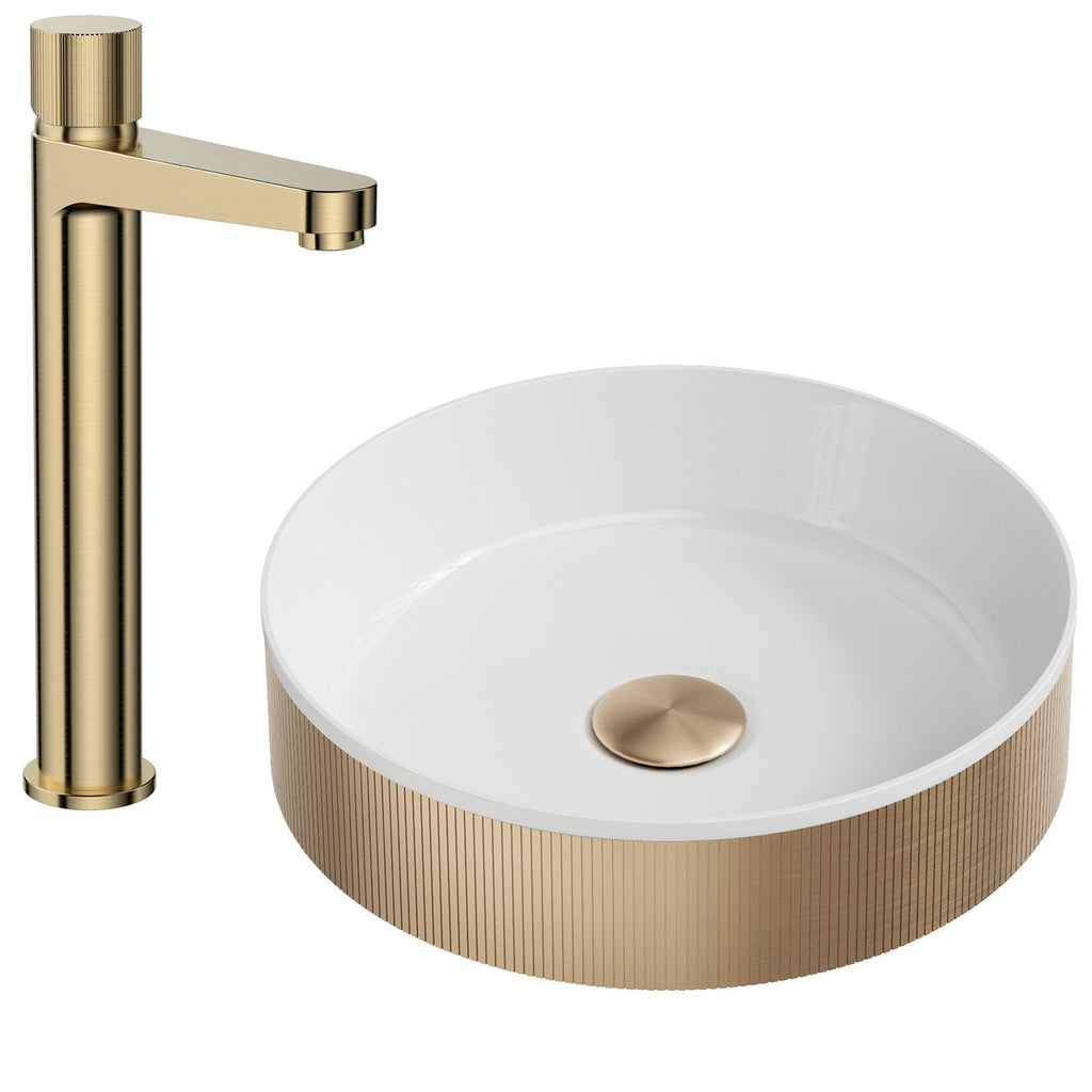 Brushed Brass Fluted Countertop Bathroom Basin & Tall Mixer Tap Set with Matching Waste