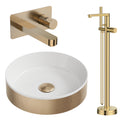 KOKO Brushed Brass Fluted Countertop Basin Set with Wall-Mounted Tap & Freestanding Bath Shower Mixer