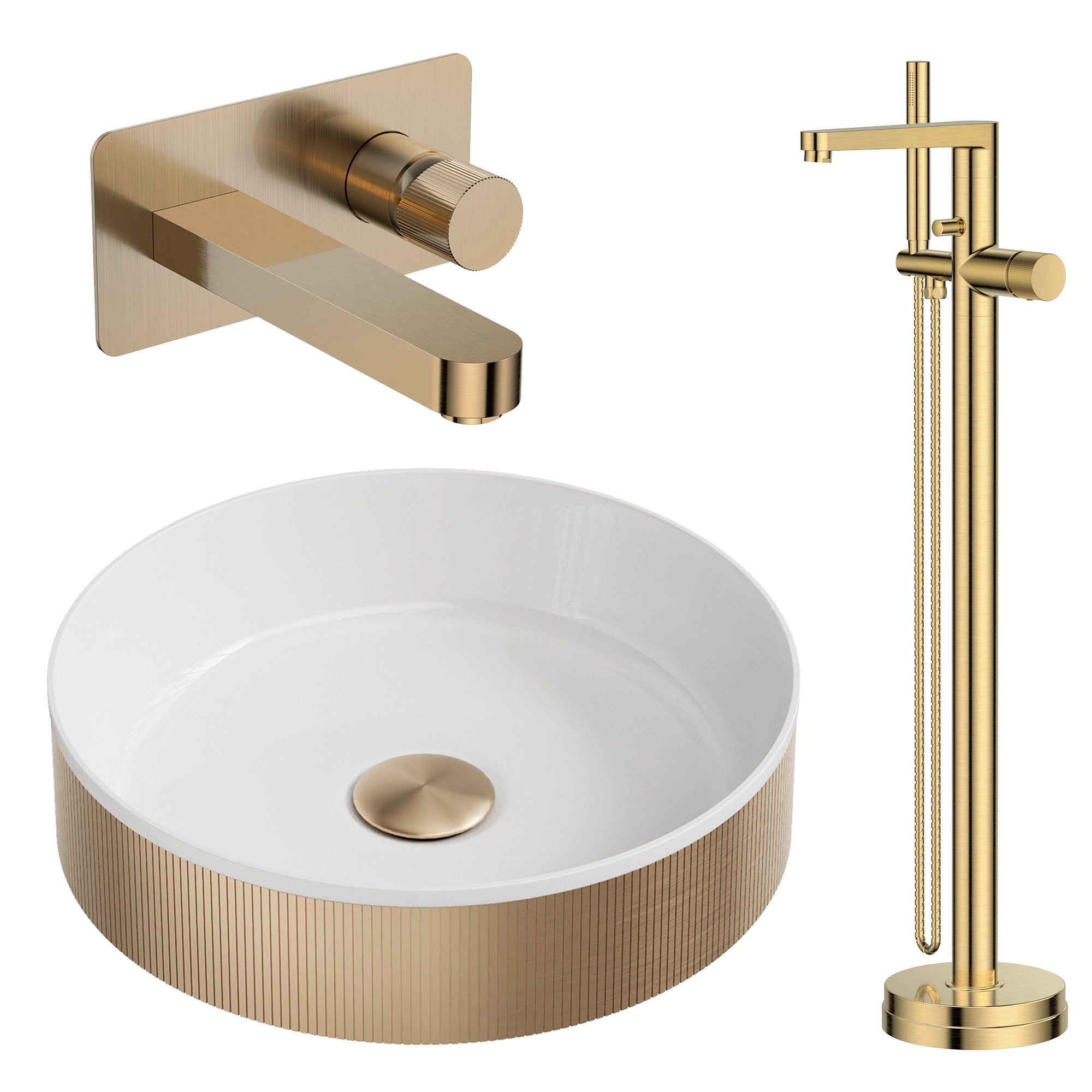 KOKO Brushed Brass Fluted Countertop Basin Set with Wall-Mounted Tap & Freestanding Bath Shower Mixer