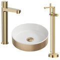KOKO Brushed Brass Fluted Countertop Basin Bathroom Set with Tall Mixer Tap & Floorstanding Bath Shower Mixer
