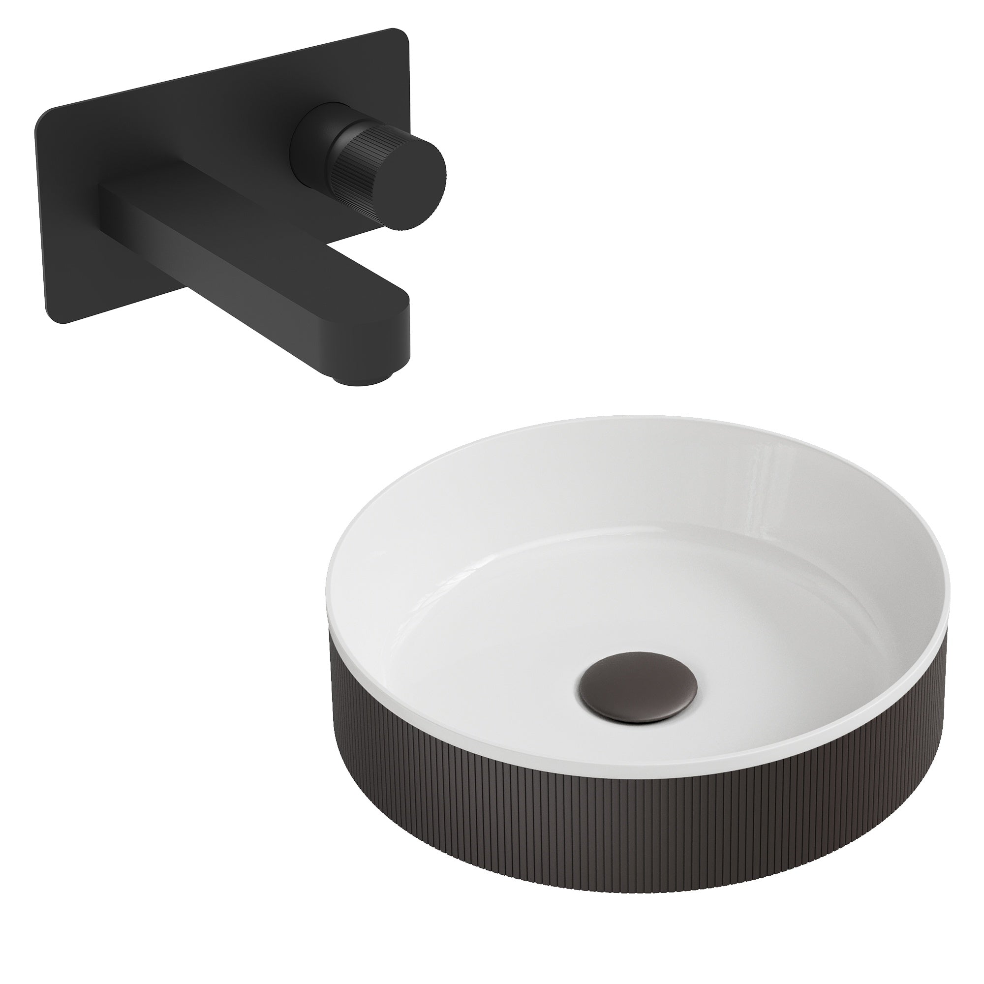 Luxury Matte Black Fluted Countertop Bathroom Basin & Wall-Mounted Mono Mixer Tap Set with Matching Waste